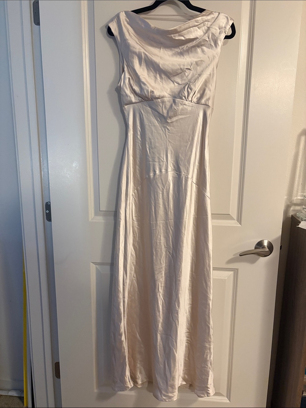 Elegant Cream Satin Maxi Dress with Draped Neckline